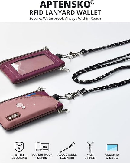 RFID Travel Wallet with Adjustable Lanyard-Zipper Small Wallet with ID Card Holder, Keychain for women&men-Minimalist Slim Waterproof Nylon case for ID, Cash, Key (Mauve+Plum Wine)