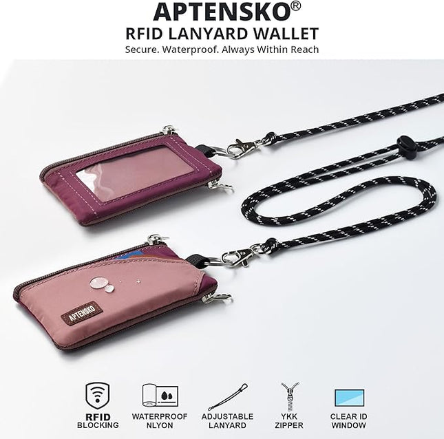 RFID Travel Wallet with Adjustable Lanyard-Zipper Small Wallet with ID Card Holder, Keychain for women&men-Minimalist Slim Waterproof Nylon case for ID, Cash, Key (Mauve+Plum Wine)