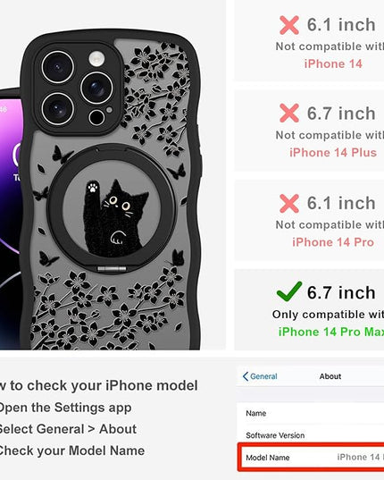 Wavy Case for iPhone 14 Pro Max Case with Stand [Compatible with MagSafe] Cute Black Cat & Floral & Butterflies Pattern Design, Kawaii 360 Magnetic Ring Kickstand Phone Cover for Women Girls