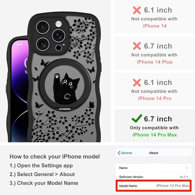 Wavy Case for iPhone 14 Pro Max Case with Stand [Compatible with MagSafe] Cute Black Cat & Floral & Butterflies Pattern Design, Kawaii 360 Magnetic Ring Kickstand Phone Cover for Women Girls