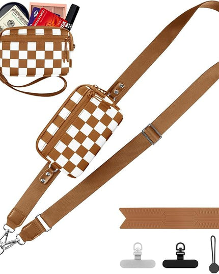 Clip and Go Strap for Phone with Wallet Crossbody, Adjustable Phone Lanyard with Detachable RFID Wristlet Wallet, Phone Strap with Phone Tabs for All Phones, Bronze Checkered (M)