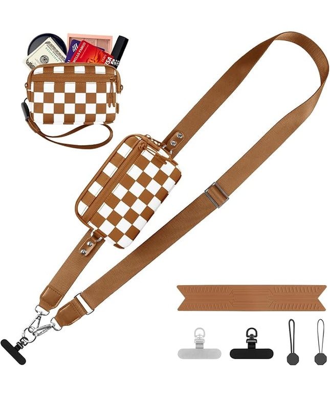 Clip and Go Strap for Phone with Wallet Crossbody, Adjustable Phone Lanyard with Detachable RFID Wristlet Wallet, Phone Strap with Phone Tabs for All Phones, Bronze Checkered (M)