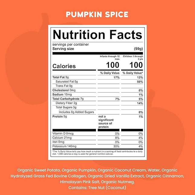 Serenity Kids 6+ Months Pumpkin Smoothie Baby Food Pouches - USDA Organic Pumpkin Spice Smoothie with Grass-Fed Collagen - No Added Sweeteners in Toddler Food - 3.5 Oz, 6 Pack