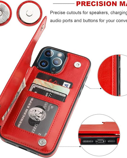 ONETOP Compatible with iPhone 13 Pro Max Wallet Case with Card Holder,PU Leather Kickstand Card Slots Case, Double Magnetic Clasp and Durable Shockproof Cover 6.7 Inch(Red)