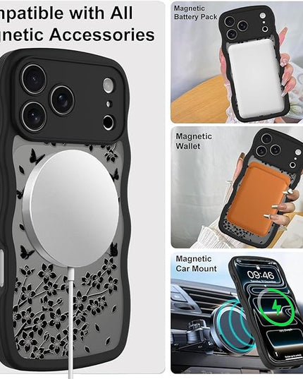 Wavy Case for iPhone 17 Pro Case with Stand [Compatible with MagSafe] Cute Black Cat & Floral & Butterflies Pattern Design, Kawaii 360 Magnetic Ring Kickstand Phone Cover for Women Girls