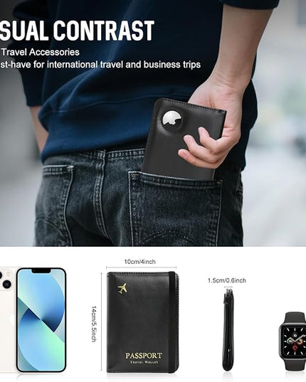 Passport Holder with AirTag – RFID Blocking Travel Document Wallet, Leather Passport Cover with AirTag Slot, Keeps Passport Safe & Trackable (Black)
