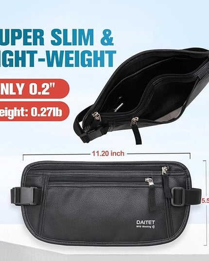 PU Leather Money Belt - Passport Holder Secure Hidden Travel Wallet with RFID Blocking, Undercover Fanny Pack(Black)