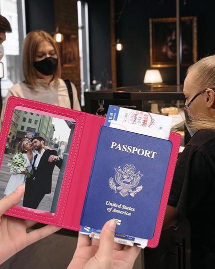 Passport Holder 2Pcs, Passport Cover Wallet Case for Women Men Family, Passports Book Holders Travel Must Haves Cruise Ship Essentials (Black & Rose Red)