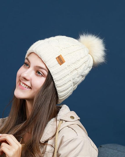 REDESS Women Winter Pompom Beanie Hat with Warm Fleece Lined, Thick Slouchy Snow Knit Skull Ski Cap