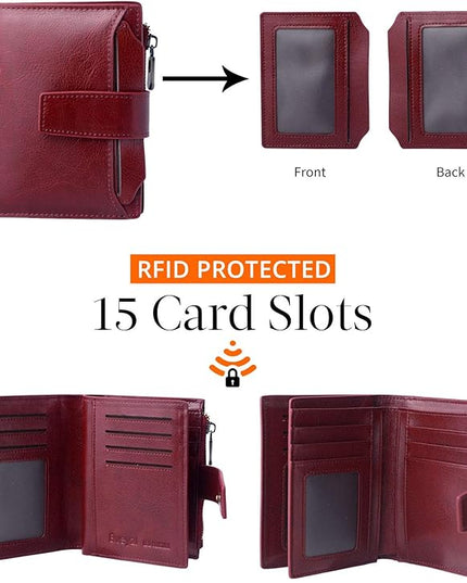 Bveyzi Women's Small Leather RFID Blocking Bifold Zipper Pocket Wallet Ladies Credit Card Slots Purse with id Window