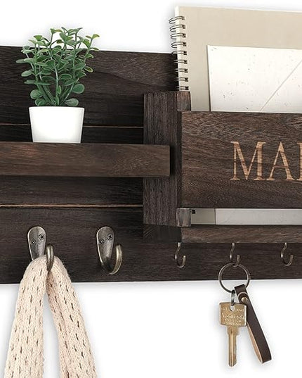 Lwenki Mail Organizer for Wall Mount – Key Holder with Shelf Includes Letter Holder and Hooks for Hallway Farmhouse Decor – Rustic Wood with Flush Mounting Hardware (16.5” x 9.1” x 3.4”) (Brown)