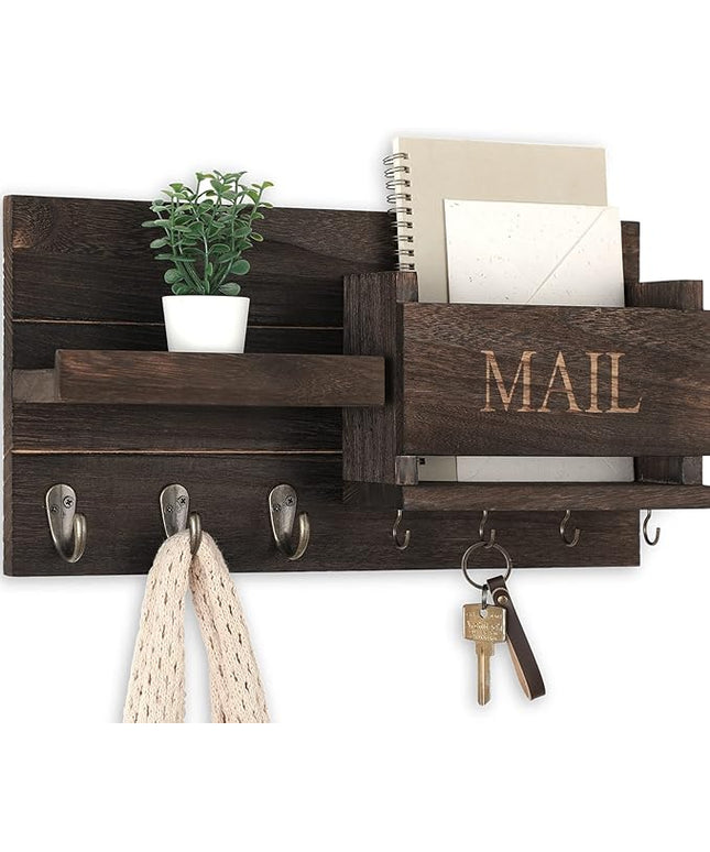 Lwenki Mail Organizer for Wall Mount – Key Holder with Shelf Includes Letter Holder and Hooks for Hallway Farmhouse Decor – Rustic Wood with Flush Mounting Hardware (16.5” x 9.1” x 3.4”) (Brown)