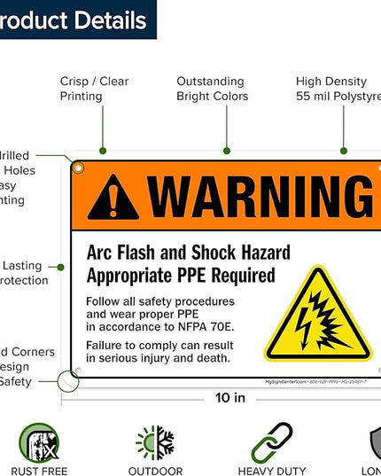 Warning Arc Flash And Shock Hazard Appropriate PPE Required Sign, 10x7 Inches, 55 mil thick HDPS (high density polystyrene), Made in USA by My Sign Center