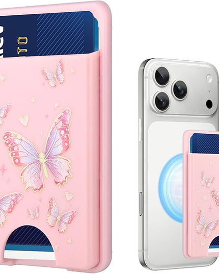 Stronger Magnetic Card Slot Wallet for iPhone 17/16/15/14/13/12 Series (Not for 13/12 Mini), Butterfly Pattern Hard Card Holder Fit 3 Cards Compatible with Magsafe Accessories, Pink