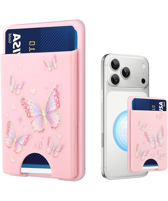 Stronger Magnetic Card Slot Wallet for iPhone 17/16/15/14/13/12 Series (Not for 13/12 Mini), Butterfly Pattern Hard Card Holder Fit 3 Cards Compatible with Magsafe Accessories, Pink