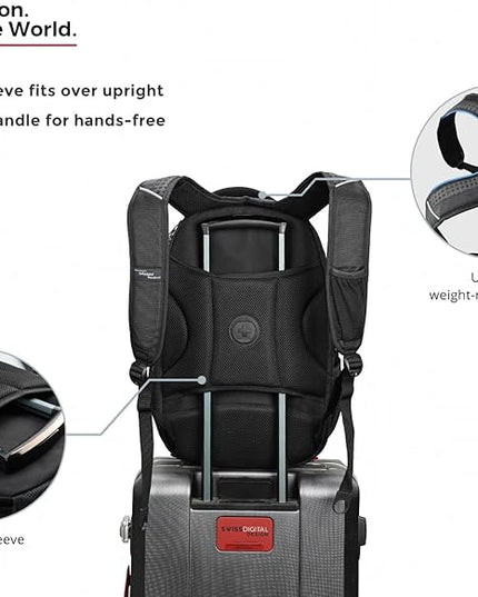 Swissdigital Design Travel Backpack for men, TSA Friendly USB Charging RFID Protection Business Backpack Fits 15.6" Laptops Black | J14-BR