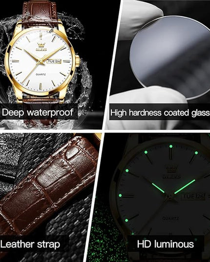 OLEVS Watches for Men Brown Leather Gold Case Analog Quartz Fashion Business Dress Watch Day Date Luminous Waterproof Casual Male Wrist Watches