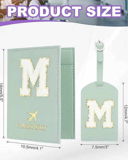 PATIKIL Passport Holder for Travel, Initial Passport Cover and Luggage Tag Set with Alphabet Chenille Letter Patch Travel Wallet Bag Suitcase Identifier for Women Family Travel Green M