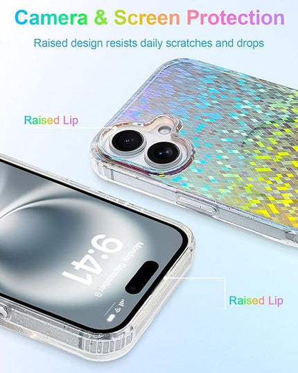 Glitter Case for iPhone 16 Plus Case for Women Girls [ Compatible with Magsafe ] Clear Cute Girly Aesthetic Colorful Iridescent Rainbow Sparkly Sparkle Bling Magnetic Protective Phone Cover