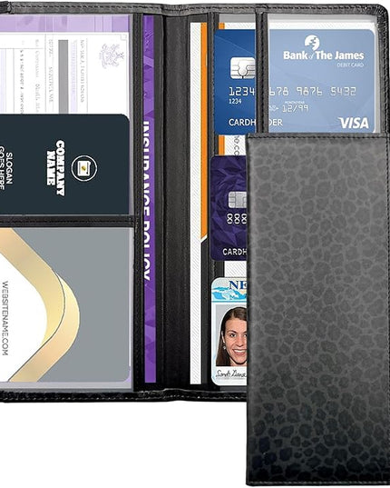 Car Registration and Insurance Holder with Magnetic Closure, Universal Document Organizer for License, Insurance Cards & Glove Box Storage (Leopard-Black)