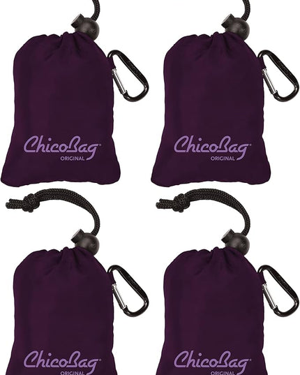 ChicoBag Original Compact Reusable Grocery Bag w/Attached Pouch and Carabiner Clip | Perfect for Shopping, Travel, Organization | Eco-Conscious Packable Tote | Purple (Pack of 4)
