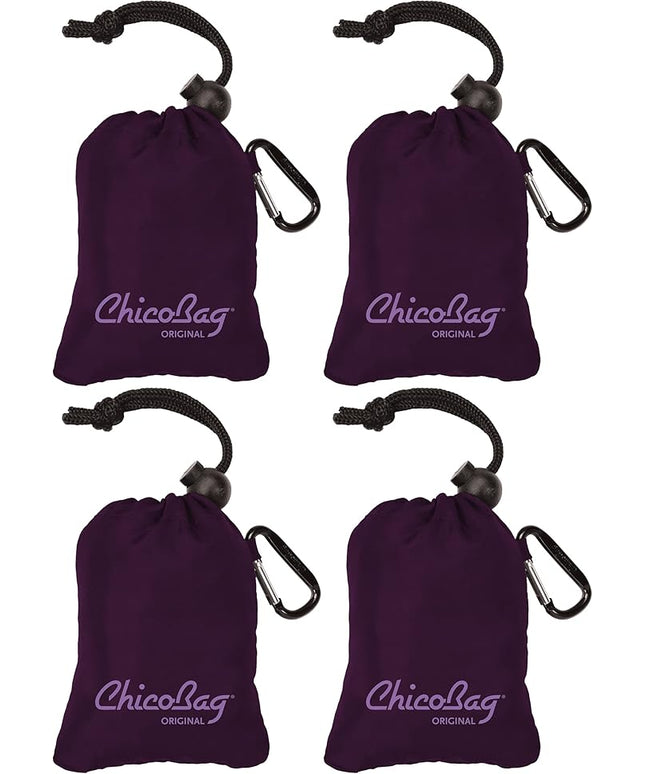 ChicoBag Original Compact Reusable Grocery Bag w/Attached Pouch and Carabiner Clip | Perfect for Shopping, Travel, Organization | Eco-Conscious Packable Tote | Purple (Pack of 4)