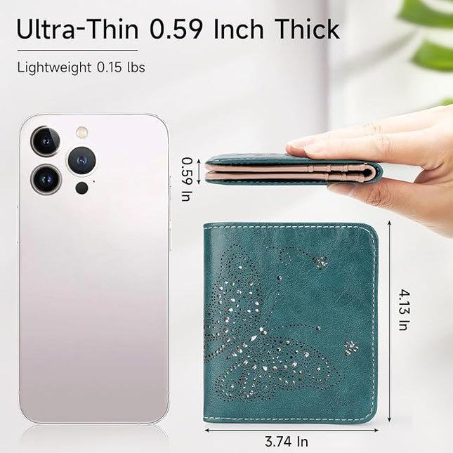 KITEVIUN Small RFID Wallet Women Ultra Thin Slim Womens Wallet Mini Compact Bifold Pocket Ladies Wallets for Women PEACOCK-BLUE