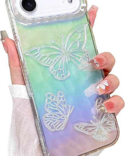 Cute Case for iPhone Air Case for Women Girls, with 3D Butterflies Pattern Design, Aesthetic Clear Iridescent Glitter Kawaii Girly Rainbow Protective Phone Cover