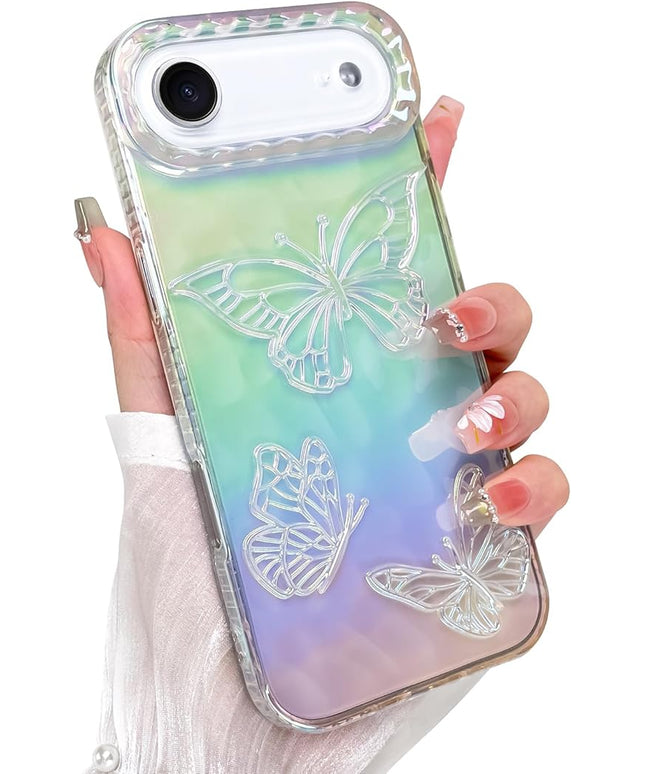 Cute Case for iPhone Air Case for Women Girls, with 3D Butterflies Pattern Design, Aesthetic Clear Iridescent Glitter Kawaii Girly Rainbow Protective Phone Cover