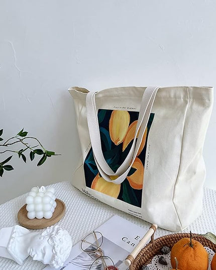 BROADREAM Aesthetic Canvas Tote Bag for Women, Vintage Reusable Book Tote Bag with Inner Zipper Pocket