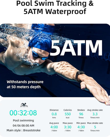 Parsonver Smart Watch for Swimming, 5ATM Waterproof Watch for Pool & Open Water, AI Swim Analysis, Built-in GPS & Compass, AMOLED Fitness Trackers 100+ Sports Modes, Heart Rate & Sleep Monitor, Black