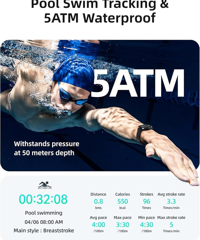 Parsonver Smart Watch for Swimming, 5ATM Waterproof Watch for Pool & Open Water, AI Swim Analysis, Built-in GPS & Compass, AMOLED Fitness Trackers 100+ Sports Modes, Heart Rate & Sleep Monitor, Black