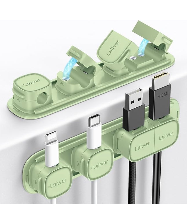 6 Pack Magnetic Cable Clips [1s Open/Lock], Laitver Cord Organizer Holder Strong Adhesive Desk Cable Management- Organize Charging Cords Neatly for Home, Office, Car,Desk, Nightstand-Cyan