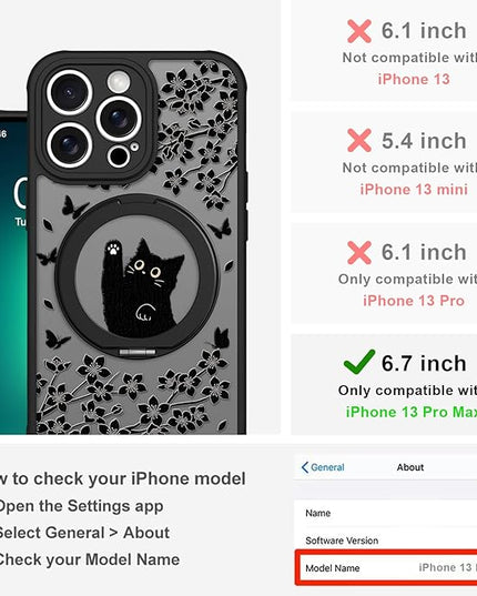 Cute Case for iPhone 13 Pro Max Case with Stand [ Compatible with MagSafe ] Kawaii Black Cat & Floral & Butterflies Pattern Design 360 Magnetic Ring Kickstand Phone Cover for Women Girls Boys