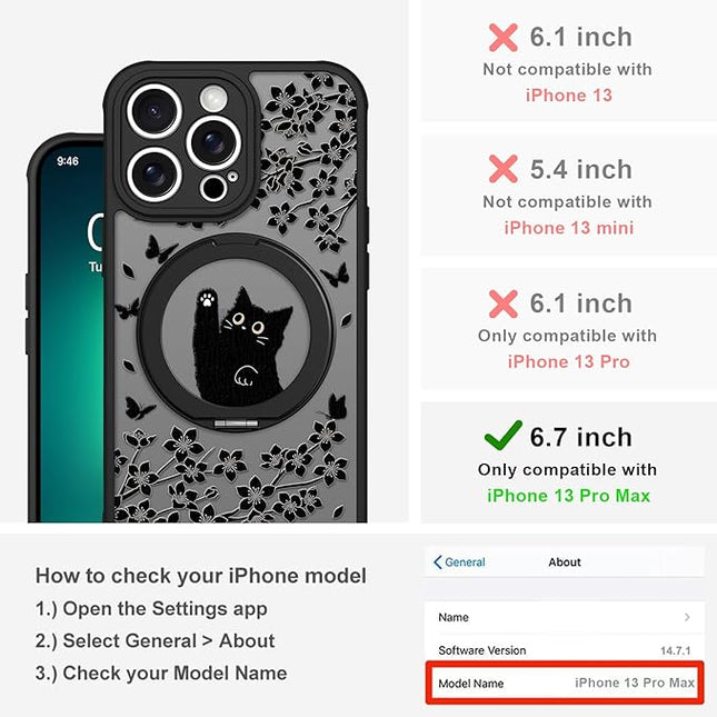 Cute Case for iPhone 13 Pro Max Case with Stand [ Compatible with MagSafe ] Kawaii Black Cat & Floral & Butterflies Pattern Design 360 Magnetic Ring Kickstand Phone Cover for Women Girls Boys