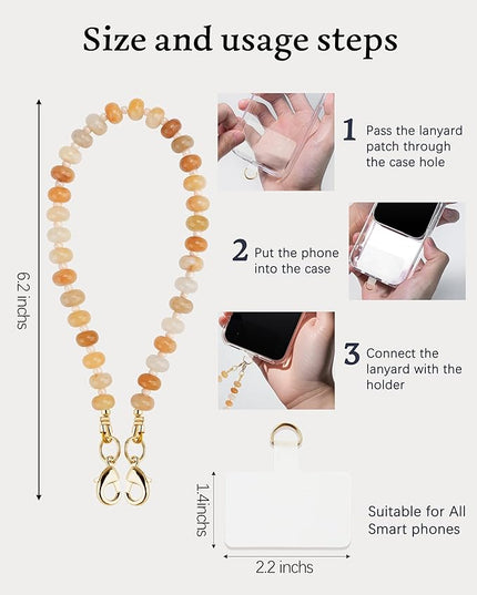Natural Stone Beaded Phone Wrist Strap for Women – Detachable Chain Wristlet, Durable 304 Stainless Steel Core (Yellow Jade)