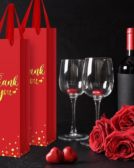 Ctosree 30 Pcs Wine Bottle Gift Bag with Handle 4.3x3.5x13.7 Liquor Paper Bag for Thank You Favor Gold Foil Kraft Whiskey Tote Carrier for Wedding Birthday Bridal Valentine's day Party(Red)