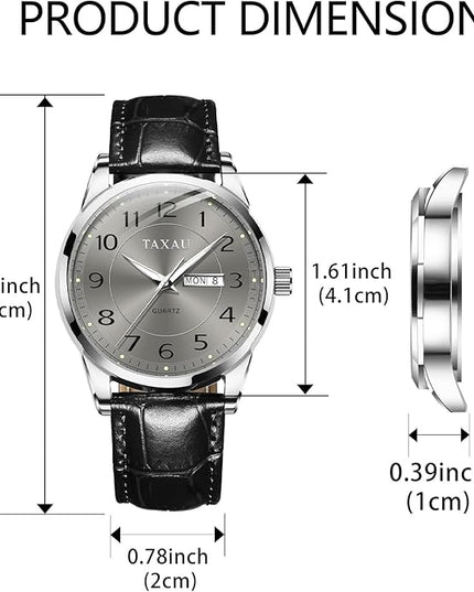 Men Dress Watch Waterproof Leather Watches for Men with Day Date Luxury Large Arabic Numerals Analog Quartz Classic Leather Watch Easy Read relojes para Hombres