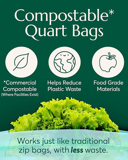 Cleanomic Compostable* Quart Size Food Storage Bags (25 Eco Zip) Freezer and Leak Proof, Also Available Gallon, Snack and Sandwich Size Bags