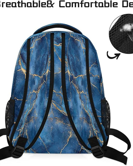 Large Backpack with 15.6 Inch Laptop Compartment, Blue Marble with Gold Veins Texture Adult Backpack for Work, Travel & School College Boys Girls