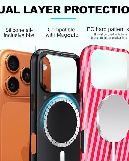 Magnetic for iPhone 17 Pro Case Cute Diagonal Stripes Phone Case, Shockproof Slim TPU and Hard PC Protective Phone Cover Compatible with MagSafe Designed for Women Girls,Red