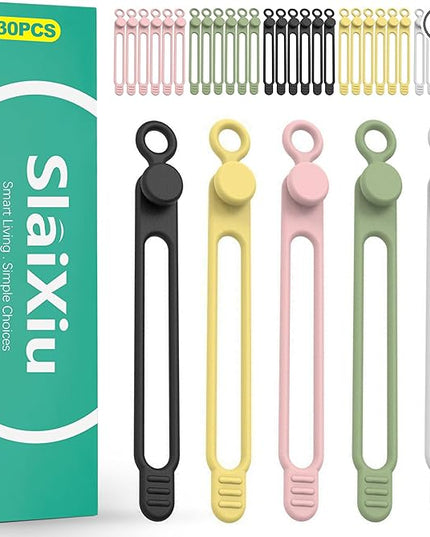 slaixiu 30 Pcs Silicone Cable Ties, Reusable Rubber Twist Ties & Cord Organizers, Flexible Gear Ties for Electrical Cords & Charger Management, 5 Colors