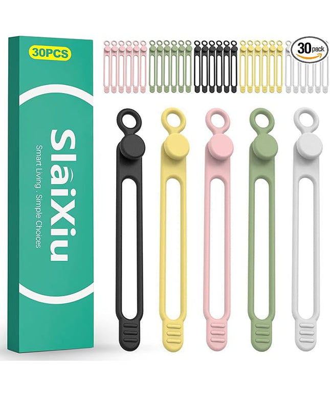 slaixiu 30 Pcs Silicone Cable Ties, Reusable Rubber Twist Ties & Cord Organizers, Flexible Gear Ties for Electrical Cords & Charger Management, 5 Colors