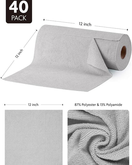 Fantasticlean Microfiber Cleaning Cloth Roll -40 Pack, Tear Away Microfiber Towels, 12" x 12", Reusable, Washable, Scratch Free, Ultra Absorbent Dishcloth for for All-Around Cleaning Supplies (Grey)