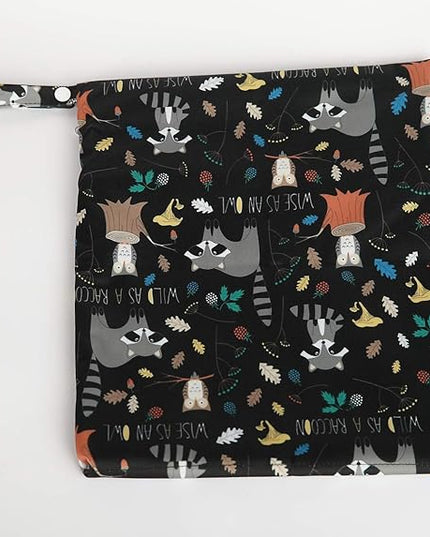 Wet Bag Baby Cloth Diaper Nappy Bag Reusable Washable With Two Zippered Pockets (Animal Racoon)