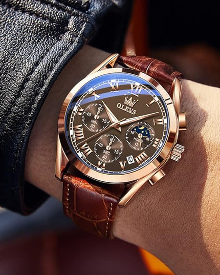 OLEVS Men's Watches Leather Strap Analog Quartz Watch, Fashion Big Dial Date Waterproof Watch, Dress Luxury Luminous Men Watches
