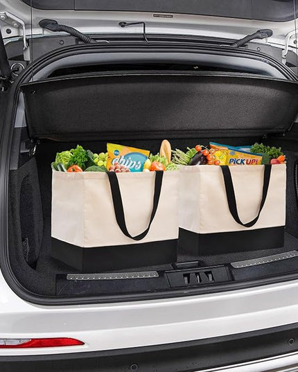 Heavy Duty Canvas Reusable Grocery Bags - 8.3 Gal Foldable Large Tote with Handles, Holds 60 lbs & Washable Eco-friendly Bags with 5 Pockets, Off White Black