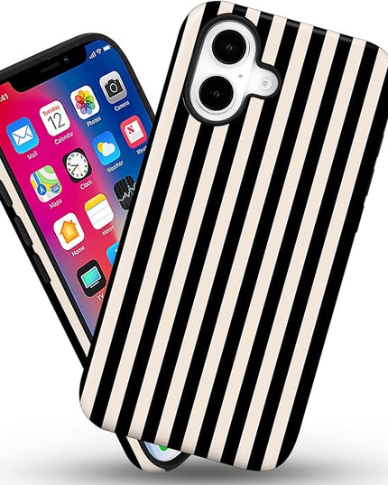 Magnetic for iPhone 16 Case Cute Stripes Phone Case, Shockproof Slim TPU and Hard PC Protective Phone Cover Compatible with MagSafe Designed for Women Girls, Black and White