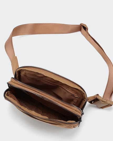 Pander Everywhere Belt Bag for Women, 5 Zipper Pockets Nylon Crossbody Fanny Pack Purse (Caramel Burnt).