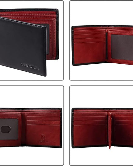 VISOUL Mens Bifold Wallet with 2 ID Windows and 2 Money Compartments, Genuine Leather Designer Wallet with RFID Blocking for Men Two Tone (Black and Burgundy)